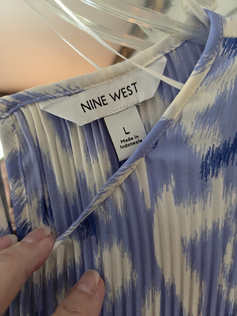 Nine West Blue and White Pleated Print Blouse - Picture 2 of 7